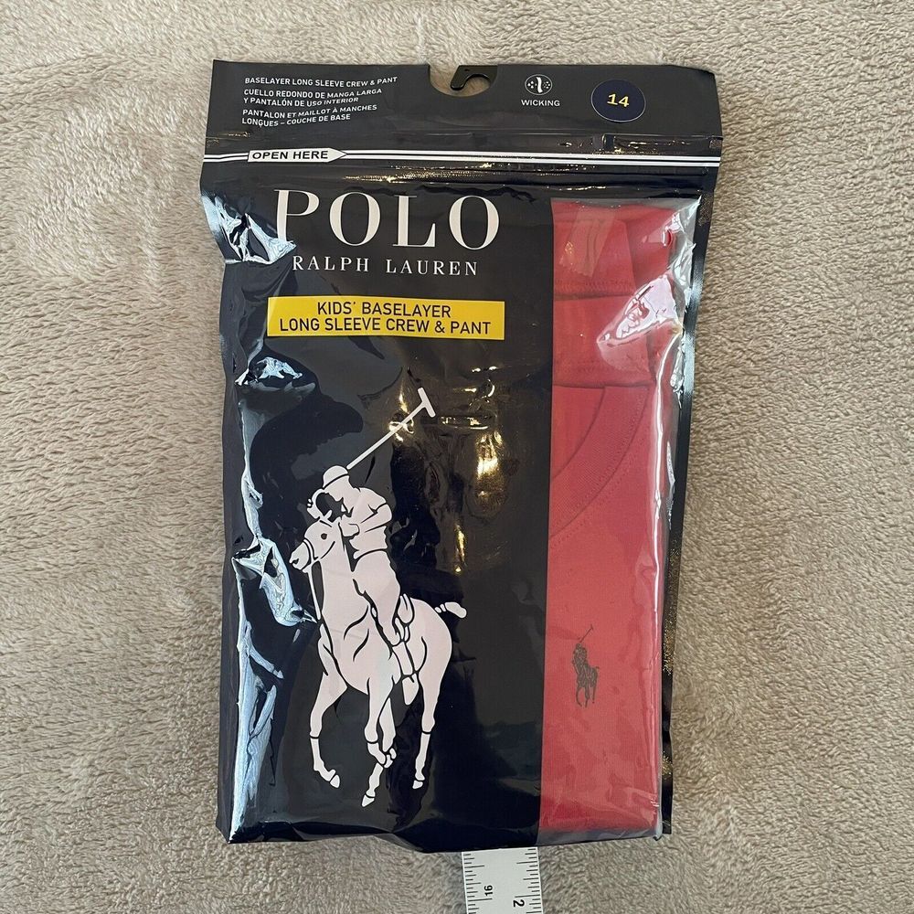 Polo Ralph Lauren BaseLayer Kids 14‎ Red Long Sleeve Crew & Pants Allover Pony